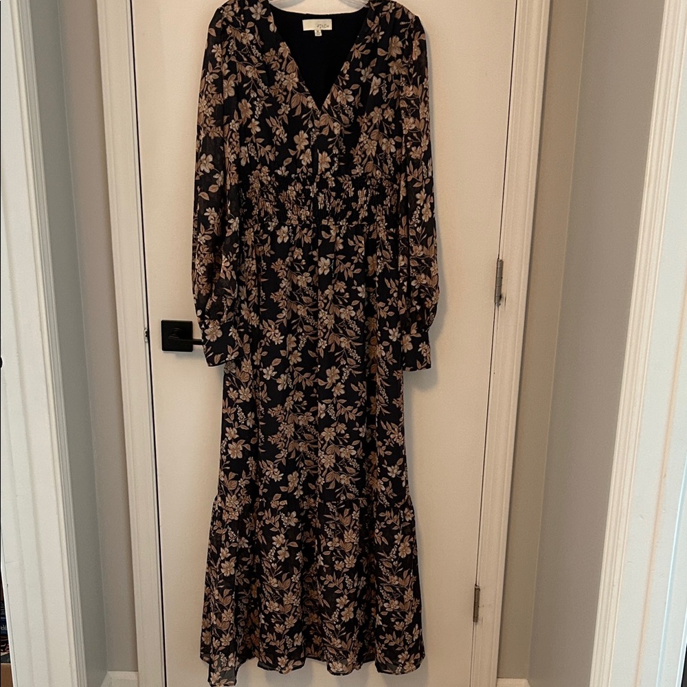 Pinch Elegant Navy and Tan Floral Dress